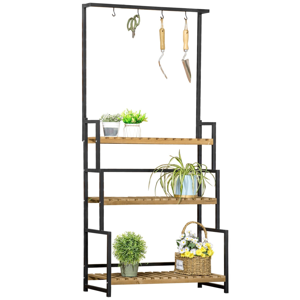 Outsunny 3 Tiered Plant Stand with Hanging Hooks in Black and Natural
