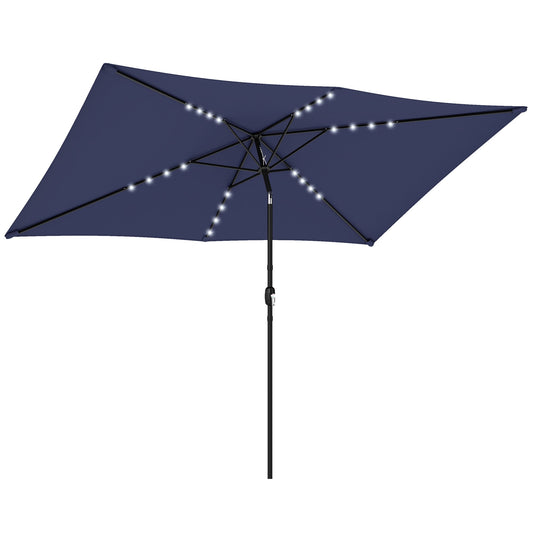 Outsunny Garden Parasol Umbrella with LED Solar Light in Navy Blue