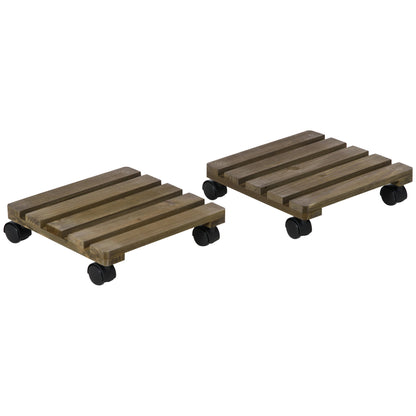 Outsunny 2 Pack Plant Caddy with Wheels in Dark Brown
