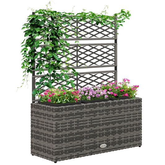 Outsunny 33L Garden PE Rattan Planter with Trellis in Light Grey