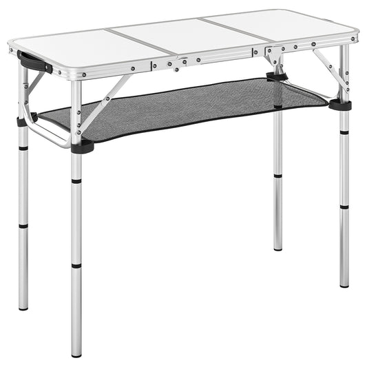 Outsunny 3ft Folding Camping Table, Picnic Table with Mesh Storage Layer, Carrying Bag and Metal Frame, Cream White
