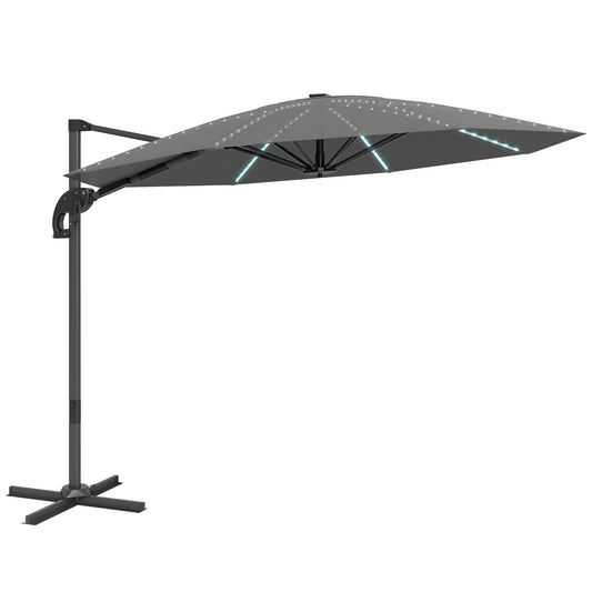 Outsunny 3(m) Cantilever Garden Parasol with Solar Powered Lights in Dark Grey