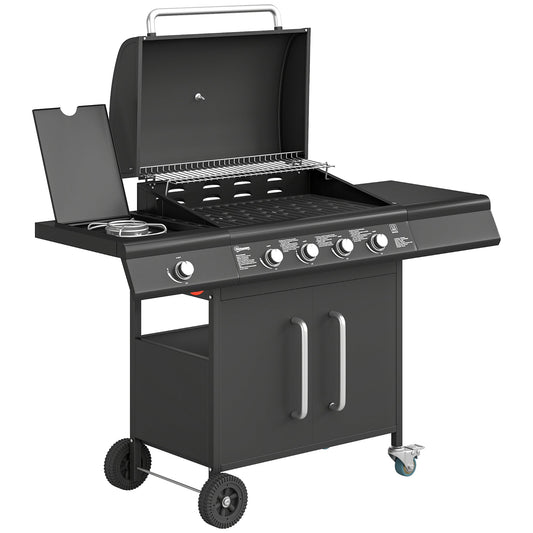 Outsunny 4+1 Burner Gas BBQ Grill with Storage Cabinet in Black