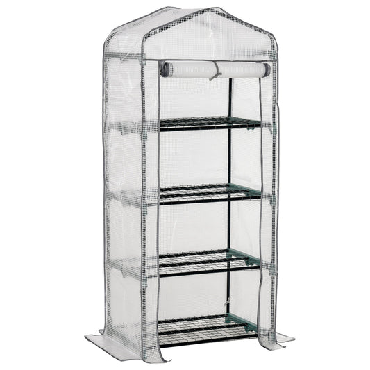 4 Tiers Mini Portable Greenhouse Compact Plant Grow Shed Metal Frame PE Cover in White