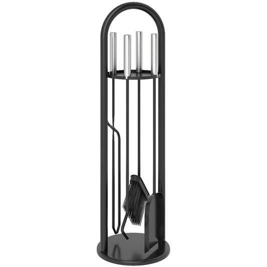 Outsunny 5 Pieces Fireplace Tools Set, Metal Fireplace Accessories Fireside Companion Set with Broom, Shovel, Poker and Bucket, Silver