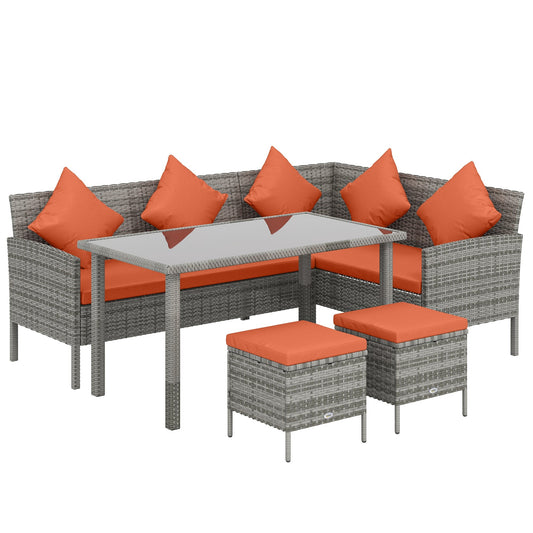 Outsunny 6-Seater Rattan Dining Set Sofa Table Footstool in Orange