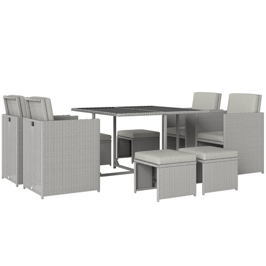 Outsunny 9 Piece Rattan Cube Garden Furniture Dining Set with Armchairs, Footstools and Glass-Top Table, Light Grey