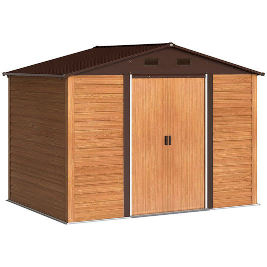 Outsunny Galvanised Steel Shed in Brown Wood Effect