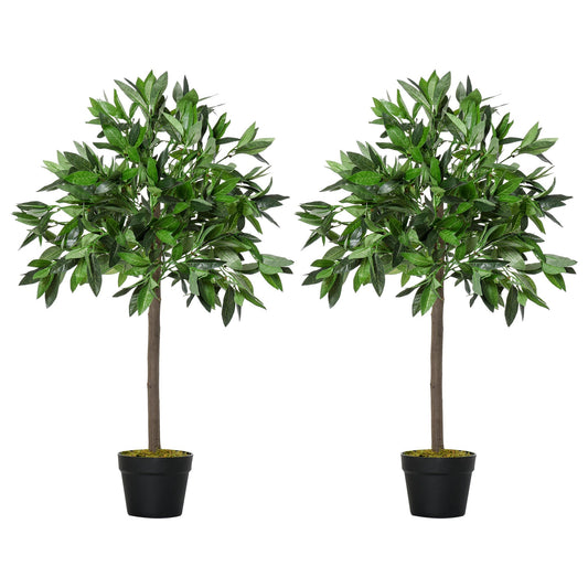 Outsunny Artificial Bay Laurel Topiary Trees w/ Pot Fake, Set Of 2 90cm/3FT Indoor Greenery Plant Home Office Garden Decor Green