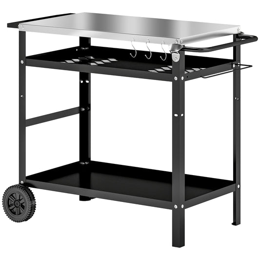 Outsunny BBQ Trolley with Stainless Steel Top Adjustable Shelf in Black