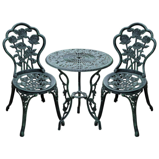 Cast Aluminium Outdoor Patio Garden Bistro Elegant Design Table Chair Set in Antique Green