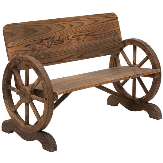 Outsunny Fir Wood 2-Seater Outdoor Garden Wagon Wheel Bench in Carbonized Brown