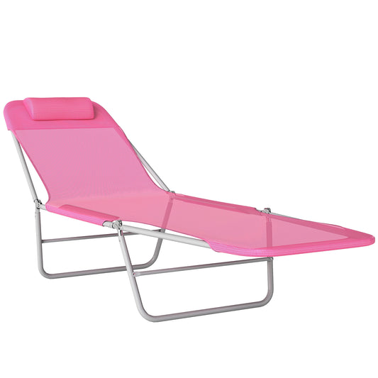 Outsunny Folding Sun Lounger with Head Pillow in Pink