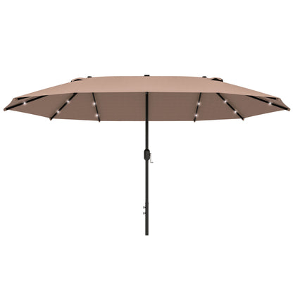 Outsunny Garden Parasol 4.4m Double-Sided Sun Umbrella Patio Parasol LED Solar Lights Khaki