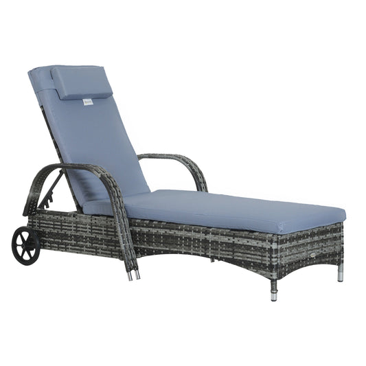 Outsunny Garden Rattan Furniture Single Sun Lounger Recliner Bed in Grey