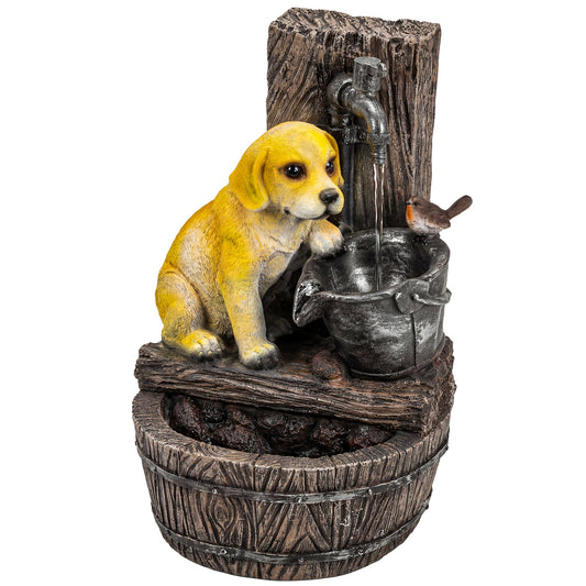 Outsunny Garden Water Feature with 3-Tier Rustic Puppy Design in Rustic Brown and Yellow