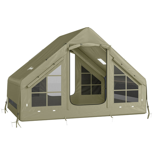 Outsunny Inflatable Camping Tent with Pump and Stove Jack Hole, Luxury Inflatable Tent with Mesh Windows, Doors, Olive Green