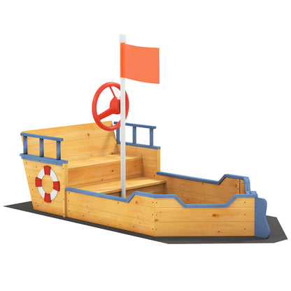 Outsunny Kids Sand Pit, Children Pirate Ship Sandbox with Bench, Bottom Liner, Seat, Natural Wood Tone