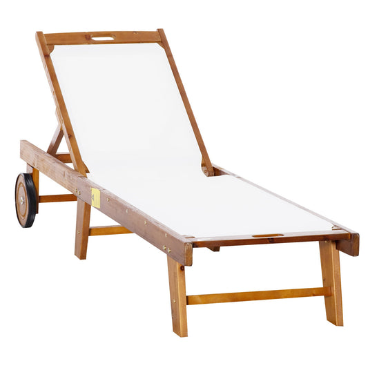 Outsunny Outdoor Acacia Wood Texteline Beach Sun Lounger in White