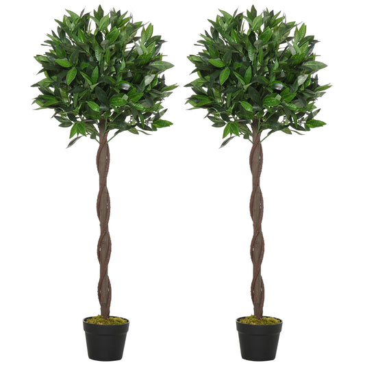 Outsunny Artificial Bay Laurel Topiary Trees w/ Pot Fake, Set Of 2 120cm/4FT Indoor Greenery Plant Home Office Garden Decor Green