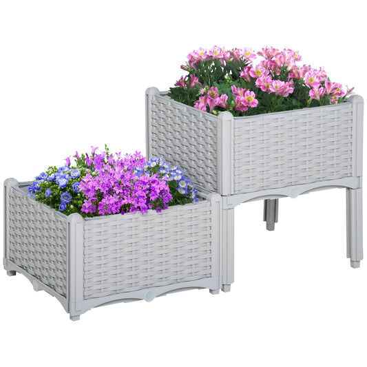 Outsunny Set of Two Rattan-Effect Planters in Grey