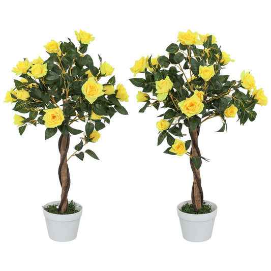 Outsunny Set of 2 Artificial Plants White Rose Floral in Pot, Fake Plants for Home Indoor Decor, 90cm, Yellow