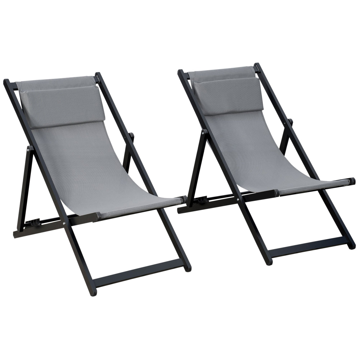 Outsunny Set of 2 Folding Garden Beach Aluminium Frame Deck Chairs in Dark Grey