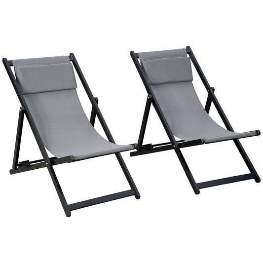 Outsunny Set of 2 Folding Garden Beach Aluminium Frame Deck Chairs in Dark Grey
