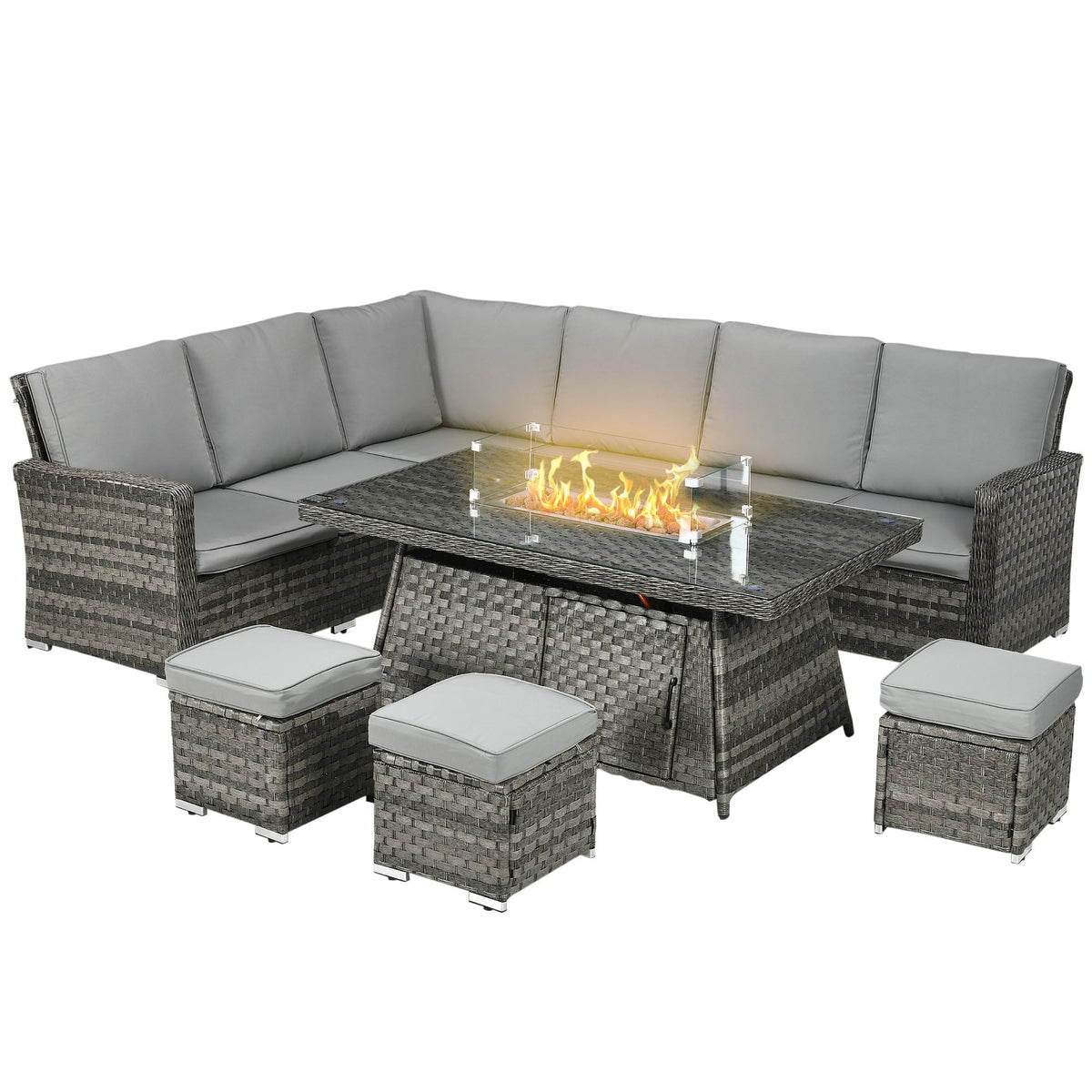 Outsunny Seven-Piece Firepit Table Rattan Sofa Set in Grey