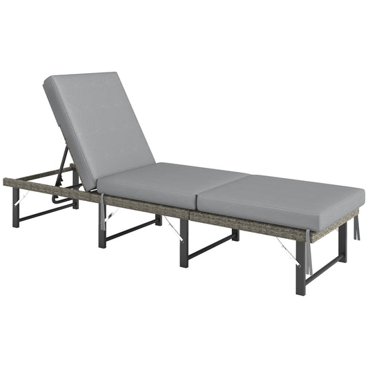 Outsunny Single Folding Rattan Sun Lounger in Grey