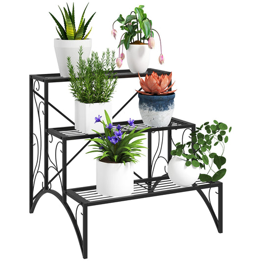 Outsunny Three-Tier Decorative Metal Plant Stand in Black