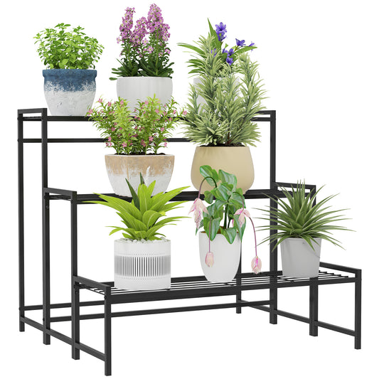 Outsunny Three-Tier Metal Plant Shelf in Black