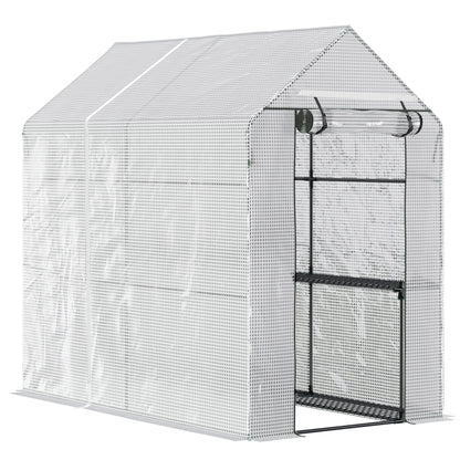 Outsunny Walk In Greenhouse with 2-Tier Shelves in White