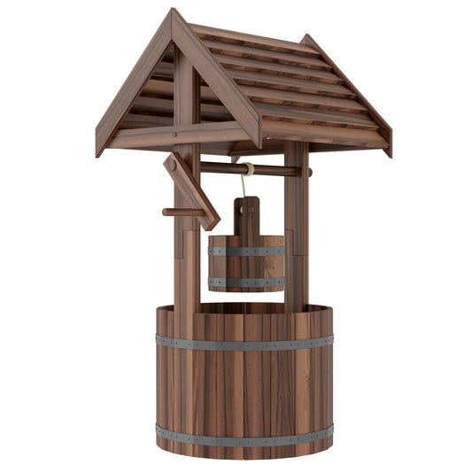 Outsunny Wood Wishing Well for Outside with Hanging Bucket in Carbonized