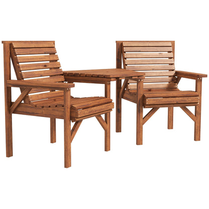 Outsunny Wooden Garden Love Seat w/ Coffee Table Umbrella in Tan Brown