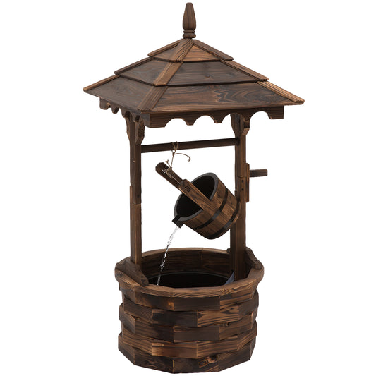Outsunny Wooden Garden Wishing Well Fountain Barrel Waterfall Rustic Wood in Carbonized Wood Colour