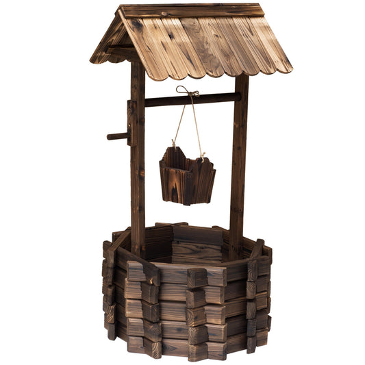 Outsunny Wooden Wishing Well Planter in a Carbonised Finish