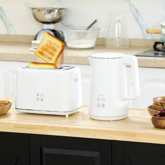 HOMCOM Polished Stainless Steel Kettle and Toaster Set - White