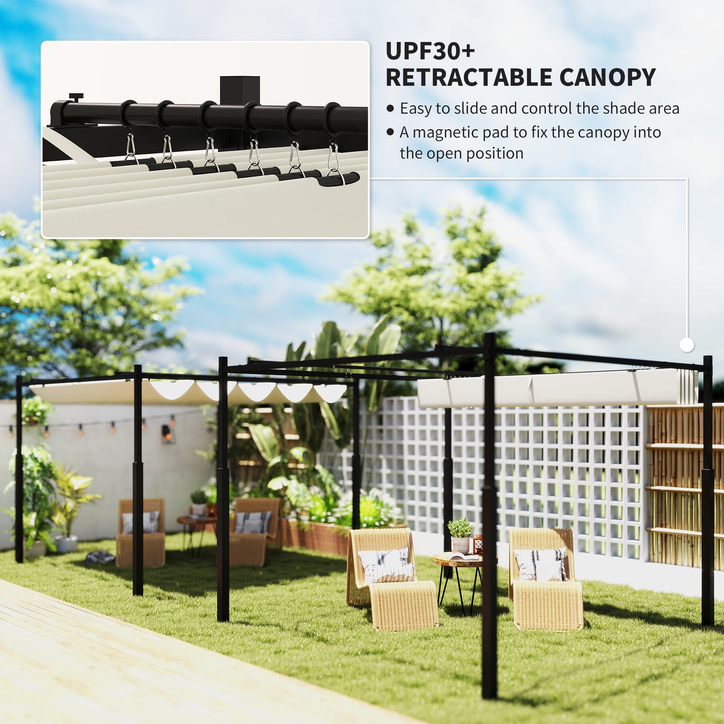 Outsunny 3 x 3(m) Metalowa pergola z rozsuwanym dachem i magnetycznym mocowaniem, zestaw ogrodowych altan ogrodowych z baldachimem przeciwsłonecznym, UPF30+, kolumna metalowa 80 mm, kremowo-biały