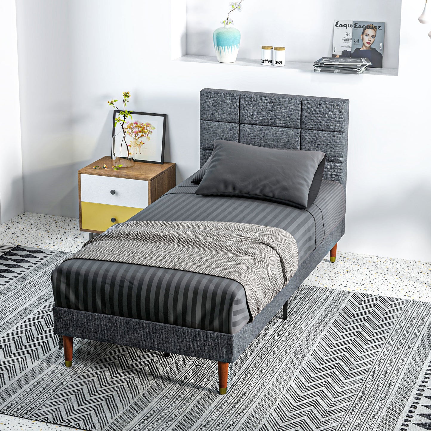 HOMCOM Upholstered Single Bed Frame 161W x 208D x 121Hcm with Slats, Grey