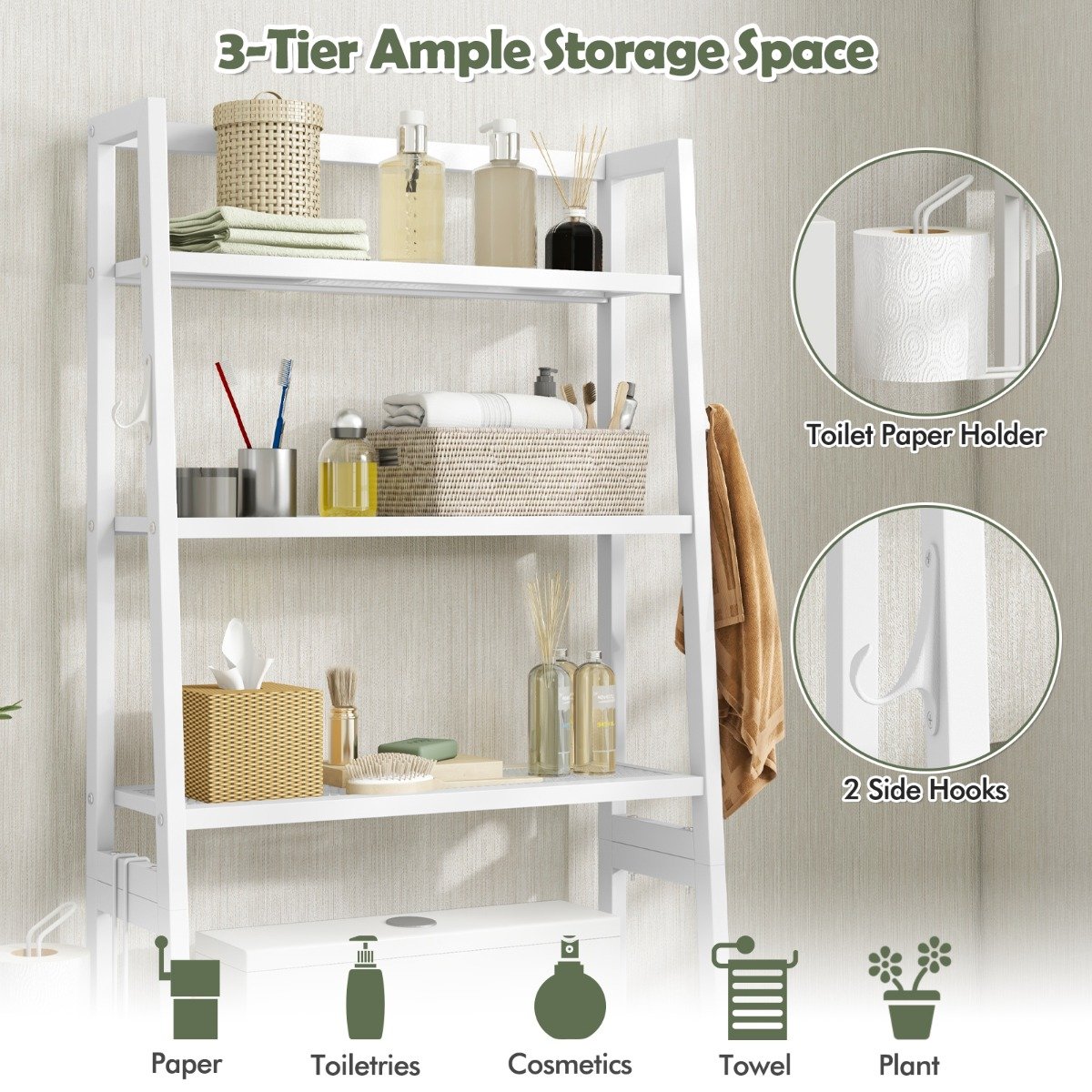 Over The Toilet Storage Shelf with Adjustable Adjustable Bottom Bar-White