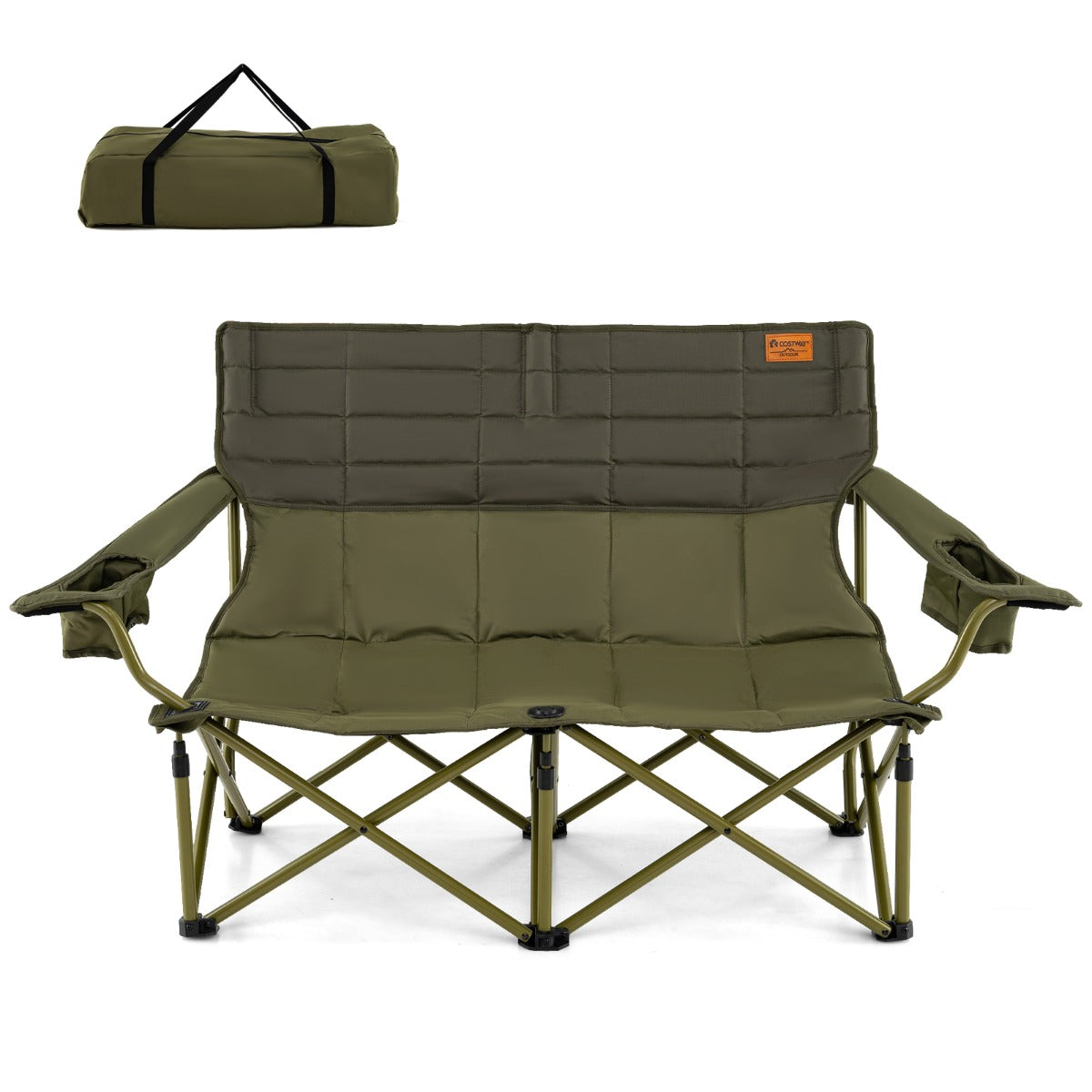 Oversized 2 Person Folding Camping Chair with Adjustable Armrests and Cup Holders-Green