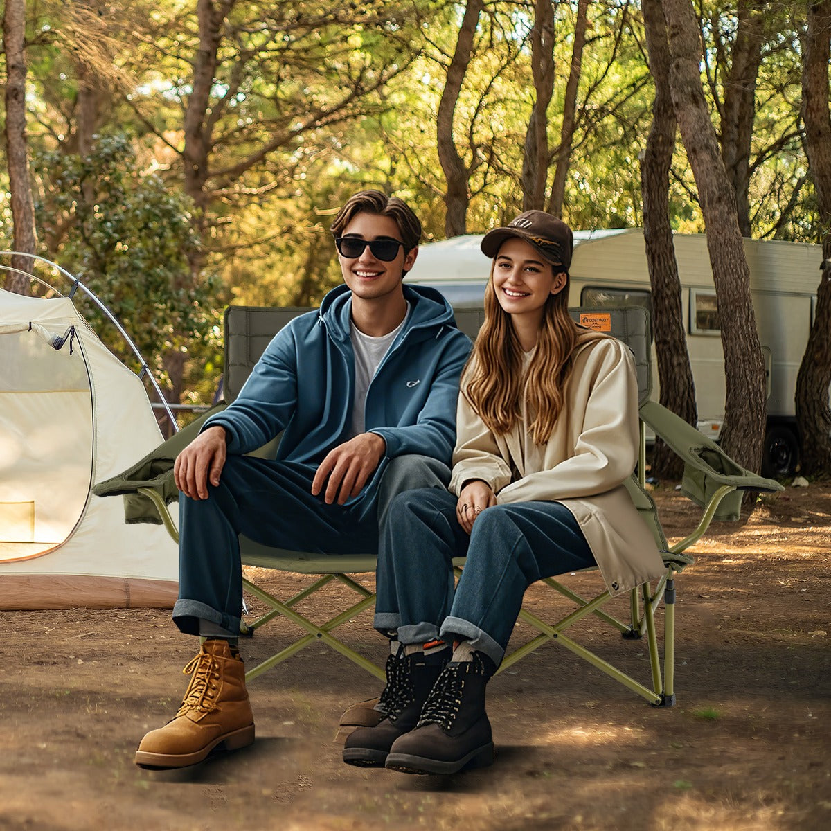 Oversized 2 Person Folding Camping Chair with Adjustable Armrests and Cup Holders-Green