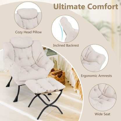 Oversized Sherpa Lounge Accent Chair with Folding Footrest and Side Pocket-Beige