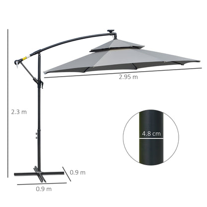 3(m) Cantilever Banana Parasol Hanging Umbrella W/ Double Roof, LED Solar lights, Crank, 8 Sturdy Ribs and Cross Base For Garden, Patio, Light Grey