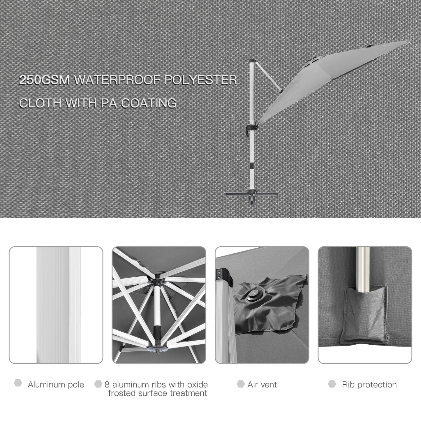 Outsunny 3 x 3(m) Cantilever Roma Parasol, kwadratowy parasol ogrodowy z podstawą krzyżową, korbą, pochyleniem, obrotem 360√Ç¬∞ i aluminiową ramą, szary