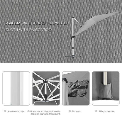 Outsunny 3 x 3(m) Cantilever Roma Parasol, kwadratowy parasol ogrodowy z podstawą krzyżową, korbą, pochyleniem, obrotem 360√Ç¬∞ i aluminiową ramą, szary