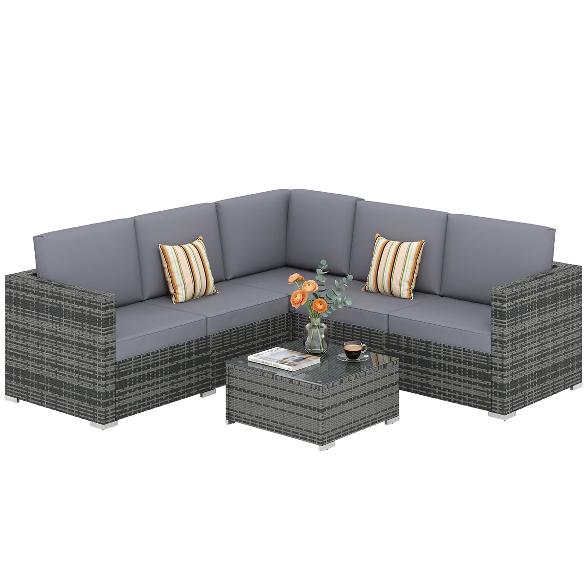 Outsunny Luxury 5 Seater Rattan Garden Furniture Set, 4 Pieces Outdoor Patio Conversation Set with Wide Seats, 220gsm Polyester Cushions, Tempered Glass Table, Corner Sofa, Loveseat, Grey