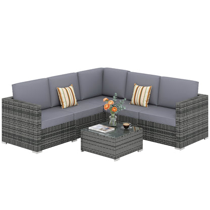 Outsunny Luxury 5 Seater Rattan Garden Furniture Set, 4 Pieces Outdoor Patio Conversation Set with Wide Seats, 220gsm Polyester Cushions, Tempered Glass Table, Corner Sofa, Loveseat, Grey