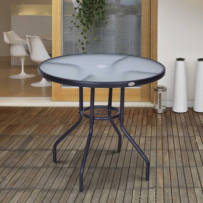 Outsunny Outdoor Round Dining Table Tempered Glass Top Steel Garden Table w/ Parasol Hole 80cm